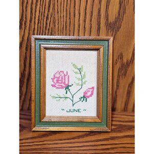 Vintage Framed Cross-Stitch Artwork With Pink Roses & "June" Text In Wooden Fram